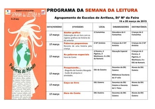 PROGRAMA DA SEMANA DA LEITURA
Agrupamento de Escolas de Arrifana, Stª Mª da Feira
16 a 20 março de 2015
DATA/HORÁRIO ATIVIDADES LOCAL DINAMIZADORES DESTINATÁRIOS
17 março
Atelier gráfico
Elaboração de um livro com os
registos gráficos da história do
dia anterior
JI Fontaínhas Educadora do JI
Fontaínhas
Crianças do JI
Fontaínhas
17 março Palavras pequeninas
Reconto de uma história pela
criança
JI Stº António Crianças do JI Stº
António
Crianças do Ji Stº
António
17 março
As palavras especiais
Hora do Conto
JI Pereiro, JI
Pigeiros, JI
Manhouce, JI e EB1
de Romariz
Educação Especial Crianças do JI
Pereiro, JI
Pigeiros, JI
Manhouce, JI e
EB1 de Romariz
17 março
Pesquisando…
- Biografia de Evandro Morgado
- Guião de pesquisa e
atividades.
EB1 de Outeiro
Docentes da EB1
Outeiro
Bibliotecas Escolares
do 1º ciclo
Alunos da EB1
Outeiro
17 março
Caça ao livro EB1 Outeiro Docentes da EB1
Outeiro e Docente
de E. Física
Alunos da EB1
Outeiro
17 março Hora do Conto EB1 Outeiro Docentes da EB1
Outeiro
Alunos da EB1
Outeiro
 