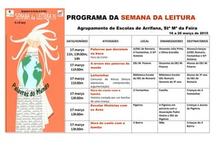 PROGRAMA DA SEMANA DA LEITURA
Agrupamento de Escolas de Arrifana, Stª Mª da Feira
16 a 20 março de 2015
DATA/HORÁRIO ATIVIDADES LOCAL DINAMIZADORES DESTINATÁRIOS
17 março
11h; 13h30m;
14h
Palavras que derretem
na boca
Hora do Conto
JI/EB1 de Romariz,
JI Fontaínhas, JI Stº
António
Docentes Júlia Pinto
e Olívia brandão
Alunos/crianças
JI/EB1 Romariz,
Fontaínhas e Stº
António
17 março
11h30m
A árvore das palavras do
mundo
EB1 M. Poiares Docentes da EB1 M.
Poiares
Alunos da EB1 M.
Poiares
17 março
11h30m
Leiturinhar
Concurso de leitura (leitura
expressiva, compreensão,
argumentação)
Biblioteca Escolar
da EB1 de Romariz
Biblioteca Escolar
EB1 Romariz
Docente do 3º ano
Alunos do 3º ano
da EB1 de
Romariz
17 março
13h30m
Hora do conto com a
família
História contada por um familiar
de uma criança
JI Fontainhas Família Crianças do JI
Fontainhas
17 março
13h30m
Escutar Histórias com
os Avós
Pigeiros JI Pigeiros em
parceria com a
Associação Padre
Osório e EB1 de
Pigeiros
Crianças e alunos
de Pigeiros
17 março
13h30m
Hora do conto com a
família
JI Bairro Mãe Crianças do JI
Bairro
 