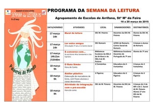 PROGRAMA DA SEMANA DA LEITURA
Agrupamento de Escolas de Arrifana, Stª Mª da Feira
16 a 20 março de 2015
DATA/HORÁRIO ATIVIDADES LOCAL DINAMIZADORES DESTINATÁRIOS
17 março
14h
Mural da leitura EB1 M. Poiares Docentes da EB1 M.
Poiares
Alunos da EB1 M.
Poiares
17 março
14h
Ler entre amigos
Articulação 1º ano, JI e Centro Social
EB1 Romariz JI/EB1 de Romariz,
Centro Social de
Romariz
Crianças e alunos
de Romariz
17 março
14h15m
/15h40m
À conversa com…
As escritoras Alice Sarabando e Lília
Cipriano
Bibliotecas
Escolares da EB2,3
de Arrifana e da
EB2,3 de M.
Poiares
Bibliotecas Escolares
Docentes de
Português do 7º ano
Alunos do 7º ano
18 março
9h
O Rato Simão
Hora do Conto
JI Fontainhas Educadora do JI
Fontainhas
Crianças do JI
Fontainhas
18 março
9h
Atelier plástico
Elaboração de marcadores de
livros, com frases alusivas e
caixas decorativas.
JI Pigeiros Educadora do JI
Pigeiros
Crianças do JI
Pigeiros
18 março
9h
Atividade de integração
com o pré-escolar
Hora do conto
EB1 de M. Poiares Docentes da EB1 de
M. Poiares
Crianças do JI de
MP e do C. Social
de M. Poiares
Alunos 1º ano
EB1 de M.
Poiares
 