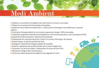 Medi Ambient
Elaborar una auditoria energètica per optimitzar el consum municipal.
Potenciar el consum de les energies renovables.
Gestionar fons subvencionables per a instal·lacions d’energies renovables per a centres
públics.
Contractar l’energia elèctrica municipal en garantia d’origen 100% renovable.
Implantar programes d’eficiència energètica en els centres educatius, com el projecte 50/50,
provada ferramenta d’estalvi i d’educació ambiental.
Campanyes de conscienciació per a reduir el consum d’energia i de residus.
Desenvolupar un pla de qualitat de l’aire.
Assegurar l’abastiment d’aigua potable de qualitat.
Creació i adequació de sendes verdes per a crear energia viva.
Fomentar l’ús de la bicicleta i implementar la xarxa de carril bici.
Renovació integral dels nostres parcs.
Continuar desenvolupant els objectius de l’agenda 21 local.
 