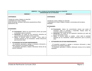 UNIDAD II: Uso y manejo de herramientas básicas en LibreCAD
CRONOGRAMA DE ACTIVIDADES
SEMANA 7 SEMANA 8
CONTENIDOS:
-Trazado de Líneas y Objetos en LibreCAD.
Propiedades de Líneas y Objetos.
Dibujo de puertas, ventanas y elementos arquitectónicos (Plano
arquitectónico 2D).
ACTIVIDADES:

111 Presentación: Valorar los conocimientos previos que posee
el estudiante sobre el contenido.
111 Interacción: Por medio de una exposición interactiva por
parte del docente desarrollar el tema a estudiar.
111 Cierre: El docente realiza un análisis crítico sobre la
actividad realizada por los estudiantes. Señala indicaciones
para la próxima clase.
 ACTIVIDADES DE ESTUDIO INDEPENDIENTE:
- El estudiante aprenderá a agregar e incorporar información y
datos necesarios a los diseños realizados.
- El estudiante aprenderá a obtener información técnica de los
diseños realizados.
CONTENIDOS:
-Trazado de Líneas y Objetos en LibreCAD.
Propiedades de Líneas y Objetos. Acotado y nomenclatura de los planos
realizados.
ACTIVIDADES:

111 Presentación: Valorar los conocimientos previos que posee el
estudiante sobre el contenido a desarrollar. Repaso sobre los
comandos usados la clase pasada.
111 Interacción: Por medio de una exposición interactiva por parte del
docente desarrollar el tema.
111 Cierre: El docente realiza un análisis crítico sobre la actividad
realizada por los estudiantes. Señala indicaciones para la próxima
clase.
 ACTIVIDADES DE ESTUDIO INDEPENDIENTE:
- El estudiante aprenderá a agregar e incorporar información y datos
necesarios a los diseños realizados.
- El estudiante aprenderá a obtener información técnica de los diseños
realizados.
Unidad de Planificación Curricular 2014 Página 12
 
