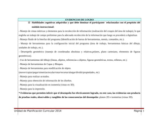 Unidad de Planificación Curricular 2014 Página 3
EVIDENCIAS DE LOGRO
11 Habilidades cognitivas adquiridas y que debe dominar el participante relacionadas con el propósito del
módulo instruccional:
- Manejo de cintas métricas y elementos para la recolección de información (realización del croquis del área de trabajo), lo que
engloba un trabajo de campo preliminar para la adecuada recolección de la información que luego se procederá a digitalizar.
- Manejo fluido de la Interfaz del programa (Identificación de barras de herramientas, menús, comandos, etc.).
- Manejo de herramientas para la configuración inicial del programa (área de trabajo, herramientas básicas del dibujo,
unidades de trabajo, etc.).
- Desempeño geométrico (manejo de coordenadas absolutas y relativas,polares, plano cartesiano, elementos de figuras
geométricas).
- Uso de herramientas del dibujo (líneas, objetos, referencias a objetos, figuras geométricas, textos, rellenos, etc.)
- Manejo de herramientas de Capas y Bloques.
- Manejo de herramientas para modificación de objeto.
(mover/copiar/pegar/simetrías/escalar/rotar/recortar/alargar/dividir/propiedades, etc)
- Manejo para realizar acotados.
- Manejo para obtención de información de los diseños.
- Manejo para la visualización en isometría (vistas en 3D).
- Manejo para la impresión.
* Evidencias que permiten inferir que el desempeño fue efectivamente logrado, en este caso, las evidencias son producto
de pruebas reales, observables y tangibles de las consecuencias del desempeño: planos 2D e isometrias (vistas 3D).
 