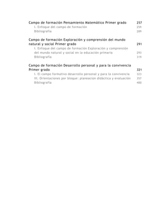 Campo de formación Pensamiento Matemático Primer grado
I. Enfoque del campo de formación
Bibliografía

Campo de formación Exploración y comprensión del mundo
natural y social Primer grado
I. Enfoque del campo de formación Exploración y comprensión
del mundo natural y social en la educación primaria
Bibliografía

Campo de formación Desarrollo personal y para la convivencia
Primer grado
I. El campo formativo desarrollo personal y para la convivencia
III. Orientaciones por bloque: planeacion didáctica y evaluación
Bibliografía

257
259
289

291
293
319

321
323
357
400

 