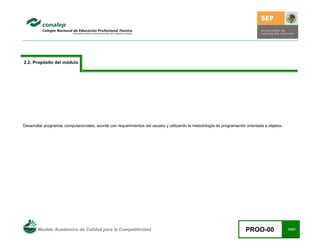 Modelo Académico de Calidad para la Competitividad PROO-00 13/21
2.2. Propósito del módulo
Desarrollar programas computacionales, acorde con requerimientos del usuario y utilizando la metodología de programación orientada a objetos.
 