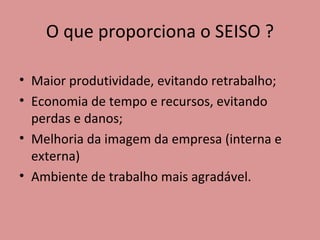 O que proporciona o SEISO ? Maior produtividade, evitando retrabalho; Economia de tempo e recursos, evitando perdas e danos; Melhoria da imagem da empresa (interna e externa) Ambiente de trabalho mais agradável. 