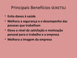 Principais Benefícios  SEIKETSU Evita danos à saúde Melhora a segurança e o desempenho das pessoas que trabalham Eleva o nível de satisfação e motivação pessoal para o trabalho e a empresa Melhora a imagem da empresa 