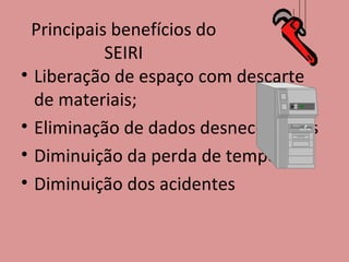 Principais benefícios do SEIRI Liberação de espaço com descarte de materiais; Eliminação de dados desnecessários Diminuição da perda de tempo Diminuição dos acidentes 