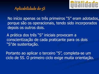 No início apenas os três primeiros “S” eram adotados,
porque são os operacionais, tendo sido incorporados
depois os outros dois.
A prática dos três “S” iniciais provocam a
conscientização de cada praticante para os dois
“S”de sustentação.
Portanto ao aplicar o terceiro “S”, completa-se um
ciclo de 5S. O primeiro ciclo exige muita orientação.
Aplicabilidade do 5S
 