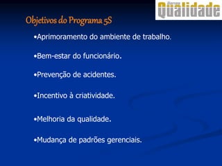 Objetivos do Programa 5S
•Bem-estar do funcionário.
•Aprimoramento do ambiente de trabalho.
•Prevenção de acidentes.
•Incentivo à criatividade.
•Melhoria da qualidade.
•Mudança de padrões gerenciais.
 