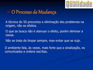  O Processo de Mudança
A técnica do 5S preconiza a eliminação dos problemas na
origem, não os efeitos.
O que se busca não é atenuar o efeito, porém eliminar a
causa.
Não se trata de limpar sempre, mas evitar que se suje.
O ambiente fala, às vezes, mais forte que a sinalização, os
comunicados e ordens escritas.
 
