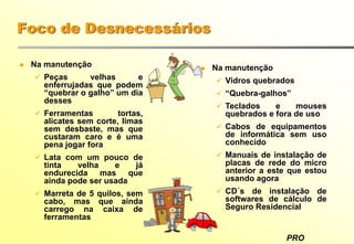PRO
Foco de Desnecessários
Na manutenção
Peças velhas e
enferrujadas que podem
“quebrar o galho” um dia
desses
Ferramentas tortas,
alicates sem corte, limas
sem desbaste, mas que
custaram caro e é uma
pena jogar fora
Lata com um pouco de
tinta velha e já
endurecida mas que
ainda pode ser usada
Marreta de 5 quilos, sem
cabo, mas que ainda
carrego na caixa de
ferramentas
Na manutenção
Vidros quebrados
“Quebra-galhos”
Teclados e mouses
quebrados e fora de uso
Cabos de equipamentos
de informática sem uso
conhecido
Manuais de instalação de
placas de rede do micro
anterior a este que estou
usando agora
CD´s de instalação de
softwares de cálculo de
Seguro Residencial
 