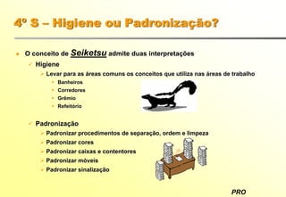 PRO
4º S – Higiene ou Padronização?
O conceito de Seiketsu admite duas interpretações
Higiene
Levar para as áreas comuns os conceitos que utiliza nas áreas de trabalho
Banheiros
Corredores
Grêmio
Refeitório
Padronização
Padronizar procedimentos de separação, ordem e limpeza
Padronizar cores
Padronizar caixas e contentores
Padronizar móveis
Padronizar sinalização
 
