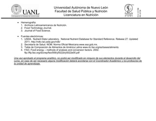 Universidad Autónoma de Nuevo León
Facultad de Salud Pública y Nutrición
Licenciatura en Nutrición
RC-07-154
REV01-11/14
 Hemerografía:
1. Archivos Latinoamericanos de Nutrición.
2. Food Technology Journal.
3. Journal of Food Science.
 Fuentes electrónicas:
1. USDA. Nutrient Data Laboratory. National Nutrient Database for Standard Reference. Release 27. Updated
2011. http://ndb.nal.usda.gov/ndb/
2. Secretaría de Salud. NOM. Norma Oficial Mexicana.www.ssa.gob.mx.
3. Tabla de Composición de Alimentos de América Latina www.rlc.fao.org/es/bases/alimento
4. FAO. Food energy – methods of analysis and conversion factors. 2002.
ftp://ftp.fao.org/docrep/fao/006/y5022e/y5022e00.pdf
Una vez aprobado el programa analítico, no podrá ser modificado en ninguno de sus elementos durante el desarrollo del
curso, en caso de ser necesario alguna modificación deberá acordarse con el Coordinador Académico y los profesores de
la unidad de aprendizaje.
 