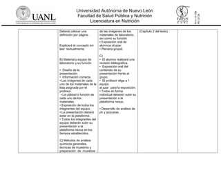 Universidad Autónoma de Nuevo León
Facultad de Salud Pública y Nutrición
Licenciatura en Nutrición
RC-07-154
REV01-11/14
Deberá colocar una
definición por página .
Explicará el concepto sin
leer textualmente.
B) Material y equipo de
laboratorio y su función
• Diseño de la
presentación.
• Información correcta.
• Las imágenes de cada
uno de los materiales de la
lista asignada por el
profesor.
• La utilidad ó función de
cada uno de los
materiales.
• Exposición de todos los
integrantes del equipo.
• La presentación deberá
estar en la plataforma.
• Todos los integrantes del
equipo deberán subir su
presentación a la
plataforma nexus en los
tiempos establecidos.
C) Métodos de análisis
químicos generales,
tecnicas de muestreo y
preparación de muestras
de las imágenes de los
materiales de laboratorio,
así como su función.
• Exposición oral de
alumnos al azar.
• Plenaria grupal.
C)
• El alumno realizará una
revisión bibliográfica.
• Exposición oral del
contenido de su
presentación frente al
grupo.
• El profesor elige a 1
equipo
al azar para la exposición.
• Todos en forma
individual deberán subir su
presentación a la
plataforma nexus.
• Desarrollo de análisis de
ph y azúcares .
(Capítulo 2 del texto)
 