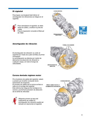 9
El cigüeñal
Para lograr una longitud total inferior el
amortiguador de vibraciones se integra en el
cigüeñal.
Para reemplazar el cigüeñal, se debe
retirar la culata, y sustituir la junta de
culata.
Para la reparación consultar el Manual
de Taller
Amortiguador de vibración
El amortiguador de vibración va unido al
cigüeñal por medio de cuatro tornillos al primer
contrapeso.
La amortiguación se efectúa por medio de
elementos de absorción de vibración a
cualquier carga y en todo el rango de
velocidades.
Corona dentada régimen motor
Por el extremo de salida del cigüeñal, calado
a presión por el piñón conductor de la
transmisión de engranes.
El proceso de calado de la corona se lleva a
cabo en el montaje del cigüeñal
Esto elimina las holguras de montaje en la
corona y aumenta la precisión de detección
de la señal de velocidad
Aflojando primero la tapa del
rodamiento de rodillos el
amortiguador de vibración puede ser
retirado sin desmontar el cigüeñal.
 