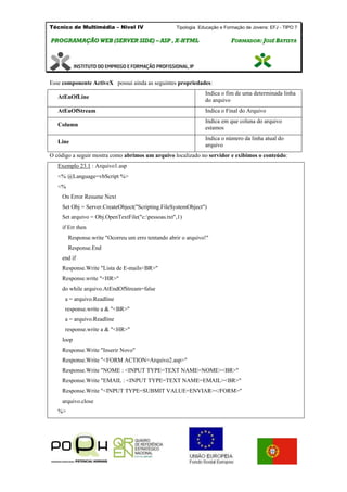 Técnico de Multimédia – Nivel IV Tipologia Educação e Formação de Jovens: EFJ - TIPO 7
PPRROOGGRRAAMMAAÇÇÃÃOO WWEEBB ((SSEERRVVEERR SSIIDDEE)) –– AASSPP ,, XX--HHTTMMLL FFOORRMMAADDOORR:: JJOOSSÉÉ BBAATTIISSTTAA
Esse componente ActiveX possui ainda as seguintes propriedades:
AtEnOfLine
Indica o fim de uma determinada linha
do arquivo
AtEnOfStream Indica o Final do Arquivo
Column
Indica em que coluna do arquivo
estamos
Line
Indica o número da linha atual do
arquivo
O código a seguir mostra como abrimos um arquivo localizado no servidor e exibimos o conteúdo:
Exemplo 23.1 : Arquivo1.asp
<% @Language=vbScript %>
<%
On Error Resume Next
Set Obj = Server.CreateObject("Scripting.FileSystemObject")
Set arquivo = Obj.OpenTextFile("c:pessoas.txt",1)
if Err then
Response.write "Ocorreu um erro tentando abrir o arquivo!"
Response.End
end if
Response.Write "Lista de E-mails<BR>"
Response.write "<HR>"
do while arquivo.AtEndOfStream=false
a = arquivo.Readline
response.write a & "<BR>"
a = arquivo.Readline
response.write a & "<HR>"
loop
Response.Write "Inserir Novo"
Response.Write "<FORM ACTION=Arquivo2.asp>"
Response.Write "NOME : <INPUT TYPE=TEXT NAME=NOME><BR>"
Response.Write "EMAIL : <INPUT TYPE=TEXT NAME=EMAIL><BR>"
Response.Write "<INPUT TYPE=SUBMIT VALUE=ENVIAR></FORM>"
arquivo.close
%>
 