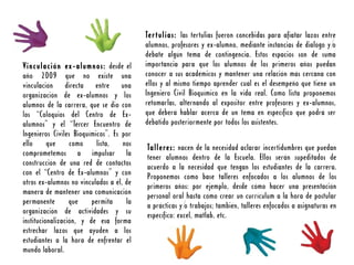 Tertulias: las tertulias fueron concebidas para afiatar lazos entre
                                          alumnos, profesores y ex-alumno, mediante instancias de diálogo y/o
                                          debate algún tema de contingencia. Estos espacios son de suma
Vinculación ex-alumnos: desde el          importancia para que los alumnos de los primeros años puedan
año 2009 que no existe una                conocer a sus académicos y mantener una relación más cercana con
vinculación directa entre una             ellos y al mismo tiempo aprender cuál es el desempeño que tiene un
organización de ex-alumnos y los          Ingeniero Civil Bioquímico en la vida real. Como lista proponemos
alumnos de la carrera, que se dio con     retomarlas, alternando al expositor entre profesores y ex-alumnos,
los “Coloquios del Centro de Ex-          que deberá hablar acerca de un tema en específico que podrá ser
alumnos” y el “Tercer Encuentro de        debatido posteriormente por todos los asistentes.
Ingenieros Civiles Bioquímicos”. Es por
ello que como lista, nos                  Talleres: nacen de la necesidad aclarar incertidumbres que puedan
comprometemos a impulsar la               tener alumnos dentro de la Escuela. Ellos serán supeditados de
construcción de una red de contactos      acuerdo a la necesidad que tengan los estudiantes de la carrera.
con el “Centro de Ex-alumnos” y con       Proponemos como base talleres enfocados a los alumnos de los
otros ex-alumnos no vinculados a él, de   primeros años: por ejemplo, desde cómo hacer una presentación
manera de mantener una comunicación       personal oral hasta cómo crear un currículum a la hora de postular
permanente        que    permita     la   a prácticas y/ trabajos; también, talleres enfocados a asignaturas en
                                                        o
organización de actividades y su          específico: excel, matlab, etc.
institucionalización, y de esa forma
estrechar lazos que ayuden a los
estudiantes a la hora de enfrentar el
mundo laboral.
 