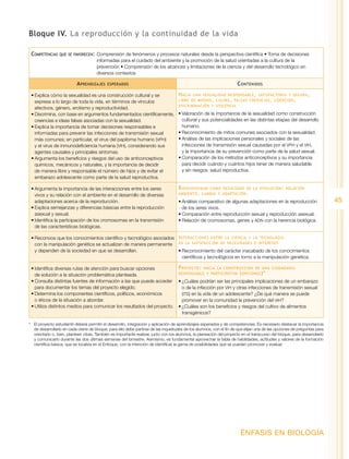 45 
ÉNFASIS EN BIOLOGÍA 
Bloque IV. La reproducción y la continuidad de la vida 
Competencias que se favorecen: Comprensión de fenómenos y procesos naturales desde la perspectiva científica • Toma de decisiones 
informadas para el cuidado del ambiente y la promoción de la salud orientadas a la cultura de la 
prevención • Comprensión de los alcances y limitaciones de la ciencia y del desarrollo tecnológico en 
diversos contextos 
Aprendizajes esperados Contenidos 
• Explica cómo la sexualidad es una construcción cultural y se 
expresa a lo largo de toda la vida, en términos de vínculos 
afectivos, género, erotismo y reproductividad. 
• Discrimina, con base en argumentos fundamentados científicamente, 
creencias e ideas falsas asociadas con la sexualidad. 
• Explica la importancia de tomar decisiones responsables e 
informadas para prevenir las infecciones de transmisión sexual 
más comunes; en particular, el virus del papiloma humano (vph) 
y el virus de inmunodeficiencia humana (vih), considerando sus 
agentes causales y principales síntomas. 
• Argumenta los beneficios y riesgos del uso de anticonceptivos 
químicos, mecánicos y naturales, y la importancia de decidir 
de manera libre y responsable el número de hijos y de evitar el 
embarazo adolescente como parte de la salud reproductiva. 
Hacia una sexualidad responsable, satisfactoria y segura, 
libre de miedos, culpas, falsas creencias, coerción, 
discriminación y violencia 
• Valoración de la importancia de la sexualidad como construcción 
cultural y sus potencialidades en las distintas etapas del desarrollo 
humano. 
• Reconocimiento de mitos comunes asociados con la sexualidad. 
• Análisis de las implicaciones personales y sociales de las 
infecciones de transmisión sexual causadas por el vph y el vih, 
y la importancia de su prevención como parte de la salud sexual. 
• Comparación de los métodos anticonceptivos y su importancia 
para decidir cuándo y cuántos hijos tener de manera saludable 
y sin riesgos: salud reproductiva. 
• Argumenta la importancia de las interacciones entre los seres 
vivos y su relación con el ambiente en el desarrollo de diversas 
adaptaciones acerca de la reproducción. 
• Explica semejanzas y diferencias básicas entre la reproducción 
asexual y sexual. 
• Identifica la participación de los cromosomas en la transmisión 
de las características biológicas. 
Biodiversidad como resultado de la evolución: relación 
ambiente, cambio y adaptación. 
• Análisis comparativo de algunas adaptaciones en la reproducción 
de los seres vivos. 
• Comparación entre reproducción sexual y reproducción asexual. 
• Relación de cromosomas, genes y adn con la herencia biológica. 
• Reconoce que los conocimientos científico y tecnológico asociados 
con la manipulación genética se actualizan de manera permanente 
y dependen de la sociedad en que se desarrollan. 
Interacciones entre la ciencia y la tecnología 
en la satisfacción de necesidades e intereses 
• Reconocimiento del carácter inacabado de los conocimientos 
científicos y tecnológicos en torno a la manipulación genética. 
• Identifica diversas rutas de atención para buscar opciones 
de solución a la situación problemática planteada. 
• Consulta distintas fuentes de información a las que puede acceder 
para documentar los temas del proyecto elegido. 
• Determina los componentes científicos, políticos, económicos 
o éticos de la situación a abordar. 
• Utiliza distintos medios para comunicar los resultados del proyecto. 
Proyecto: hacia la construcción de una ciudadanía 
responsable y participativa (opciones)* 
• ¿Cuáles podrían ser las principales implicaciones de un embarazo 
o de la infección por vih y otras infecciones de transmisión sexual 
(its) en la vida de un adolescente? ¿De qué manera se puede 
promover en la comunidad la prevención del vih? 
• ¿Cuáles son los beneficios y riesgos del cultivo de alimentos 
transgénicos? 
* El proyecto estudiantil deberá permitir el desarrollo, integración y aplicación de aprendizajes esperados y de competencias. Es necesario destacar la importancia 
de desarrollarlo en cada cierre de bloque; para ello debe partirse de las inquietudes de los alumnos, con el fin de que elijan una de las opciones de preguntas para 
orientarlo o, bien, planteen otras. También es importante realizar, junto con los alumnos, la planeación del proyecto en el transcurso del bloque, para desarrollarlo 
y comunicarlo durante las dos últimas semanas del bimestre. Asimismo, es fundamental aprovechar la tabla de habilidades, actitudes y valores de la formación 
científica básica, que se localiza en el Enfoque, con la intención de identificar la gama de posibilidades que se pueden promover y evaluar. 
 