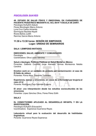  
PSICOLOGÍA SUAYED
49. ESTADO DE SALUD FÍSICO Y EMOCIONAL EN CUIDADORES DE
PACIENTE PEDIÁTRICO MEDIANTE EL SCL-90-R Y ESCALA DE ZARIT.
Psicología SUAyED (Salud)
Flores Mondragón Marco Antonio
Luna Cruz Carlos Armando
Domínguez Bautista Nayeli
Rivera Baños Judith
Ramírez García Marco Antonio
11:30 a 13:30 horas: SESIÓN DE SIMPOSIOS
Lugar: UNIDAD DE SEMINARIOS
SALA 1 (SIMPOSIO INVITADO)
EMOCIONES, SALUD, AMBIENTE Y COMUNIDADES
Psicología
Coordinadora: Oliva López Sánchez
Salud e Ideología: Políticas Públicas en Salud Mental en México
Ponentes: Gallardo Cochifas Jorge Atanasio, Hirmas Montesinos Natalia
Carolina
Emotion work en un contexto de protesta por contaminación: el caso de
El Salto de Jalisco
Ponentes: Poma Alice, Gravante Tommaso
Experiencia, cuerpo y emociones, en casos de enfermedad por brujería:el
caso ch’ol
Ponente: Rodríguez Ceja Gabriela Eugenia
El amor: una interpretación desde los estudios socioculturales de las
emociones
Ponentes: López Sánchez Oliva, Flores Pérez Edith
SALA 2
EL CONECTIVISMO APLICADO AL DESARROLLO INFANTIL Y EN LA
INVESTIGACIÓN.
Psicología SUAyED (Educación)
Coordinadora: Esperanza Guarneros Reyes
Laboratorio virtual para la evaluación del desarrollo de habilidades
lingüísticas.
Ponente: Guarneros Reyes Esperanza
 