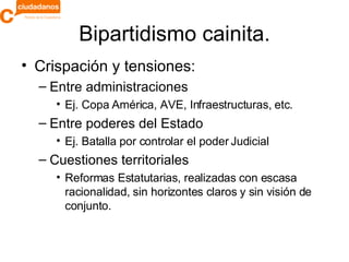 Bipartidismo cainita. Crispación y tensiones: Entre administraciones Ej. Copa América, AVE, Infraestructuras, etc. Entre poderes del Estado Ej. Batalla por controlar el poder Judicial Cuestiones territoriales Reformas Estatutarias, realizadas con escasa racionalidad, sin horizontes claros y sin visión de conjunto. 