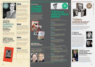 20 21
19:30 presentación:
“MORIR UN POCO.
MODA Y SOCIEDAD
EN CHILE 1960-1976”
de Pía Montalva
Con la autora, junto a Óscar Contardo
y Loreto Rebolledo.
Organiza Catalonia | Escenario Norte
18:00HRS.
diálogo: “La ciencia ficción en Chile y sus
horizontes”, con la participación de Armando
Rosselot, Carlos Páez y Michel Deb. Organiza
Austrobórea Editores | Sala Camilo Mori
presentación: “Oráculo de nuestros
días”, de Carlos Smith. Con el autor, junto
a Ángeles Lasso y Consuelo Rodríguez.
Organiza CRANN Editores | Escenario Norte
presentación: “Delincuentes, policías y
justicias - América Latina, siglos XIX y XX”,
de Daniel Palma. Con el autor, junto a Aude
Argouse y Tomás Cornejo. Organiza Ediciones
Universidad Alberto Hurtado | Sala Pedro Prado
presentación: “Participación del Choapa
en la Guerra del Pacífico 1879-1884”, de
Joel Avilez Leiva. Con Arturo Volantines
Reinoso. Organiza CNCA Coquimbo y
Sociedad de Creación y Acciones Literarias
Región Coquimbo | Sala Acario Cotapos
19:00HRS.
nórdicos en filsa: Vivir y escribir en Suecia.
Con los escritores chileno-sueco Rubén
Aguilera, Enrique Pérez, Daniel Tobar y Melker
Garay. Los invitados hablarán sobre sus raíces
chilenas y su realidad en el contexto nórdico.
Modera: Omar Pérez. Organiza Países nórdicos
y Cámara Chilena del Libro | Sala Lily Garafulic
presentación: “Chile, fragmento y corazón
del mundo”, del profesor Joaquín Fermandois.
Con el autor, junto a Alejandro San Francisco
y Montserrat Risco. Organiza Centro de
Estudios Bicentenario | Foro del Autor
19:30HRS.
todos somos autores: Taller de ilustración
con Francisca Robles. Inscripción previa en
www.filsa.cl Máximo 20 asistentes. Organiza
Cámara Chilena del Libro | Sala Acario Cotapos
presentación: “La distracción”, de Sergio
Missana. Con el autor, junto a Beatriz
García-Huidobro, Pablo Torche y Sergio
Rojas. Organiza Ediciones Universidad
Alberto Hurtado | Sala Pedro Prado
20:00HRS.
presentación: “Relatos del Capitán Yáber”,
de Daniel Campusano, Simón Espinosa,
Simón Ergas, Federico Zurita y Lord Byron
Wasabro. Con los autores y Nicolás Leyton.
Organiza La Pollera Ediciones | Foro del Autor
02
LUNES
LUNES02DENOVIEMBRE
MIÉRCOLES04DENOVIEMBRE
04
MIÉRCOLES
16:30 presentación:
“TIEMPO
IRREMEDIABLE”La obra fundamental de Manuel Rojas
Con Paz Rojas, Jorge Guerra e Ignacio Álvarez
Lanzamiento de la tetralogía de Manuel Rojas, que incluye sus cuatro
novelas más destacadas, y que será un ícono de los 110 años de Editorial
Zig-Zag. Los miembros de la Fundación Manuel Rojas conversarán
en torno a la obra del autor y su protagonista “Aniceto Hevia”.
Organiza Editorial Zig-Zag | Sala Camilo Mori
17:30 nórdicos en filsa:
LA MUJER EN
LA NOVELA NEGRA
Con Tove Alsterdal (Suecia) y Pia Juul (Dinamarca).
Ambas autoras nórdicas han tenido gran éxito con
sus novelas policiales. A su estilo y en su forma,
han sacado a la luz el lado más oscuro del ser
humano y, sobre todo, de las mujeres, trabajando
y cultivando personajes femeninos muy fuertes y
memorables. Las invitadas conversarán sobre las
autoras mujeres dedicadas a la novela policial y de
la mayoría de protagonistas femeninas que existen
en este género literario. ¿La novela policial saca a
la luz una faceta oscura de lo femenino? ¿Por qué
creen que se produce esta fuerte predominancia
femenina en torno a este género? Modera:
Claudia Apablaza. Organiza Países nórdicos y
Cámara Chilena del Libro | Sala Lily Garafulic
18:30 presentación:
“MADRE QUE ESTÁS
EN LOS CIELOS”
EDICIÓN ANIVERSARIO
de Pablo Simonetti
Con el autor junto a Carolina Urrejola
A diez años de su publicación, “Madre que
estás en los cielos” se ha convertido en una
de las novelas favoritas de los lectores. Esta
edición aniversario incluye un prólogo del
autor, en el que devela la historia de esta obra
que lo consagró en el mundo literario chileno e
internacional. Organiza PRH | Sala Acario Cotapos
03
MARTES
17:45HRS.
diálogo: Fútbol y política. Distintos puntos de vista sobre
la larga relación entre el poder y el más popular de los
deportes. Organiza Gol Triste Ediciones | Foro del Autor
18:00HRS.
presentación: “Santiaguinos”, de Roberto Rabi González.
Con el autor. Organiza Mago Editores | Sala Acario Cotapos
18:30HRS.
premiación: II Concurso Literario Nacional de Adultos
Mayores Líneas de Vida. Organiza Editorial San Pablo,
Caritas, Caja Los Andes y U3E | Sala de las Artes
19:00HRS.
presentación: “Reinventarse o reinventarse. 9
claves para cumplir tus sueños”, de José Pepe Rojas
y Pablo Esquivel. Con la presentación de Rodrigo
Fuentes. Organiza Edición Digital | Foro del Autor
19:30HRS.
diálogo: “Los dos Chiles”, de Cristóbal Huneeus, Marta
Lagos y Antonio Díaz. Organiza Catalonia | Sala Pedro Prado
charla: 25 años de la industria del libro en
Chile. Con Juan Carlos Sáez y Álvaro Mardones.
Organiza JC Sáez Editor | Sala Acario Cotapos
presentación: “Dinosaurios en Chile”, de Juan Castillo Cornejo.
Con el autor. Organiza Mago Editores | Escenario Norte
20:00HRS.
presentación: “En el agua”, de Carolina Brown. Con la
autora, junto a Pablo Simonetti y Emiliano Navarrete.
Organiza Biblioteca de Chilenia | Foro del Autor
nórdicos en filsa: Las mujeres en la obra de Ibsen.
Con Kirsti Baggethun (Noruega) y una actriz invitada. En esta
ocasión, ambas dialogará sobre la relevancia de la presencia
de personajes femeninos en las obras de Ibsen. Organiza Países
nórdicos y Cámara Chilena del Libro | Sala Lily Garafulic
MARTES03DENOVIEMBRE
18:00 diálogo:
Editorial Zig-Zag
110 AÑOS
CREANDO
LECTORESCon Regina Rodríguez, Manuel Peña Muñoz,
Claudio Aguilera y Ernesto Corona
Editorial Zig-Zag es la editorial más antigua de
Chile. Por ella han pasado grandes escritores
e ilustradores chilenos. Desde las revistas
ícono de nuestra cultura hasta libros que
han marcado a generaciones, esta editorial
chilena es parte de la historia de nuestro país.
Organiza Editorial Zig-Zag | Sala Pedro Prado
18:30 nórdicos en filsa:
BUSCANDO LAS
RAÍCES CULTURALES
Con Kjartan Fløgstad (Noruega)
y Gabi Gleichmann (Noruega)
Ambos escritores, con historias de viajes
y cambio de países, reflexionan sobre la
búsqueda de las raíces y el vínculo de ésta
con la literatura. Modera: María José Viera
Gallo. Organiza Países nórdicos y Cámara
Chilena del Libro | Sala Lily Garafulic
Kjartan Fløgstad Gabi Gleichmann
Pia Juul
Tove Alsterdal
19:30 presentación:
“ANTOLOGÍA
GENERAL DE
GABRIELA
MISTRAL
MISTERIO Y
FASCINACIÓN”
de Mario Artigas
Presentación proyecto Incentivo al Hábito de
Lectura. Con Juan Cameron y Eledín Parraguéz.
Modera: Vitalia Ardiles S. Organiza Fundación
Unión Chilena de Escritores | Sala Camilo Mori
19:30 presentación:
“CARTAS DE
AMOR DE PABLO
NERUDA”Con Tamym Maulén y Ernesto González Barnet.
Organiza Fundación Pablo Neruda | Sala Camilo Mori
Pablo Simonetti
(C) ANDRÉS HERRERA
 