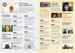 22 23
de 17:30 a 20:00 hrs. actividad:
ESPIRAL
DE LIBROS
Actividad en la que los autores invitados hacen
el papel de libreros por un día y conversan con
el público de una librería, para recomendarles
lecturas y proponerles nuevos autores y libros.
Librería Catalonia - Drugstore (Las Urbinas #
17, Providencia), con la ilustradora Catalina
Bu y Catalina Infante. De 17.30 a 20.00 horas.
Organiza Cámara Chilena del Libro
20:00 nórdicos en filsa:
FESTIVAL DE MÚSICA
DÍAS
NÓRDICOSCon el grupo electrónico Hisser (Finlandia)
Organiza Festival “Días Nórdicos”, Países nórdicos
y Cámara Chilena del Libro | Sala de las Artes
19:00 nórdicos en filsa:
FESTIVAL DE MÚSICA
DÍAS NÓRDICOSCon el músico Moddi (Noruega)
Pål Moddi Knutsen, o simplemente Moddi, viene de una lejana isla situada
al norte de Noruega llamada Senja. Tomó prestado el acordeón de su madre,
una mandolina rusa y una guitarra acústica azul y, dice, no necesitar mucho
más para hacer su música. Es uno de los talentos más destacados de la
actual escena musical noruega. Comenzó en radios alternativas y en algunos
festivales. Luego participó en el festival by: Larm, uno de los eventos musicales
más importantes de Noruega, y a partir de entonces todo fue en ascenso.
Organiza Festival “Días Nórdicos”, Países nórdicos
y Cámara Chilena del Libro | Sala de las Artes
15:30HRS.
todos somos autores: Taller de poesía, con
Lucas Costa. Inscripción previa en www.filsa.
cl Máximo 20 asistentes. Organiza Cámara
Chilena del Libro | Sala Pedro Prado
16:00HRS.
presentación: “Los colores de la felicidad”,
de Viviana Rivero. Con la autora. Organiza
Editorial Planeta | Sala Lily Garafulic
16:30HRS.
lectura y taller de poesía: Fundación Pablo
Neruda 2015. Con Floridor Pérez y Jaime Quezada.
Organiza Fundación Pablo Neruda | Escenario Norte
presentación: “Capitulaciones y huidas
para guerras fiestas y jardines del
futuro”, de Elías Hienam. Organiza Libros
del Perro Negro | Foro del Autor
17:00HRS.
presentación: “Detrás del péndulo: historias
de un hipnoterapeuta”, de Cristóbal Schilling.
Con el autor y Carmen Gloria Arroyo “La Jueza”.
Organiza RiL Editores | Sala Acario Cotapos
17:30HRS.
presentación: Pintura chilena contemporánea”,
editado por Patricia Novoa, Francisco
Schwember y Carlos Ampuero. Con Patricia
Novoa, Francisco Schwember e Ignacio Villegas.
Organiza Ediciones UC | Sala Pedro Prado
presentación: “Nada más que nostalgia”,
de Jaime Riveros. Con el autor, junto
a Fernando Jerez. Organiza Liberalia y
Simplemente Editores | Escenario Norte
17:45HRS.
presentación: “Nascimento, el editor
de los chilenos”, de Felipe Reyes. Con la
presentación de Rosa Rodríguez. Organiza
Ventana-Abierta Editores | Foro del Autor
19:00HRS.
nórdicos en filsa: La búsqueda existencialista de
los jóvenes. Conversación de Janne Teller (Dinamarca);
Bárbara Navarrete, de la Coordinadora Nacional de
Estudiantes Secundarios; y la Booktuber Laura Mira.
Modera: Vivian Lavín. Organiza Países nórdicos y
Cámara Chilena del Libro | Sala Lily Garafulic
presentación: “Horóscopo 2016”, de Paula
González. Con la autora. Presenta Cynthia Cooper.
Organiza Editorial Planeta | Sala Pedro Prado
presentación: “Respirar bajo el agua”, de
Karen Codner. Con Marisol Vera. Organiza
Editorial Cuarto Propio | Foro del Autor
19:30HRS.
presentación y taller: Coaching Corporal Mares.
Aprendizaje y cambio a través del cuerpo, de Carmen
Parraguez Grass. Con la autora e invitados de la música
y la danza. Organiza RiL Editores | Sala Camilo Mori
20:00HRS.
presentación: “Gabriela Mistral, mi culpa
fue la palabra. Obra reunida”, compilación de
Verónica Zondek. Con Jaime Pinos. Organiza
Lom Ediciones | Sala Acario Cotapos
presentación: “Los Suburbios”, de Eduardo de
Gortari (México). Con el autor y Claudia Apablaza.
Organiza Editorial Cuneta | Foro del Autor
MIÉRCOLES04DENOVIEMBRE
05
JUEVES
JUEVES05DENOVIEMBRE
18:00 nórdicos en filsa:
“TRAS LA HUELLA
DE PEARL JAM”
Lanzamiento y presentación
del libro de Henrik Tuxen
El libro del periodista danés trata sobre la
tragedia sucedida a los jóvenes que murieron en
el Festival de Roskilde, mientras bailaban con
las canciones de Pearl Jam. Esta presentación
contará con la participación de Javier Díaz, quien
interpretará canciones de Pearl Jam. Organiza
Países nórdicos, editorial Librosdementira y
Cámara Chilena del Libro | Sala de las Artes
15:30HRS.
charla: Dirigida a distribuidores y editores,
con Guillermo Quijas de Almadía. Presenta
Rafael López (Hueders). Quijas hablará sobre
su trayectoria, el modelo de Almadía y su
experiencia profesional. Organiza Cámara
Chilena del Libro | Sala Camilo Mori
16:30HRS.
lectura: Taller Latinoamericano de Poesía
Fundación Pablo Neruda. Con Floridor
Pérez y Jaime Quezada. Organiza Fundación
Pablo Neruda | Escenario Norte
17:30HRS.
todos somos autores: Taller de narrativa,
con Matías Correa. Inscripción previa en
www.filsa.cl Máximo 20 asistentes. Organiza
Cámara Chilena del Libro | Sala Lily Garafulic
presentación: “Inche Michimalonco. El pueblo
mapuche en la novela histórica chilena”, de Juan
León. Con Rafael Moreno, Elisa Loncon y Leonardo
León. Organiza Editorial Zig-Zag | Escenario Norte
17:45HRS.
diálogo: ¿Es posible recuperar el fútbol? Hinchas,
socios y ciudadanos, frente a los grandes capitales.
Organiza Gol triste Ediciones | Foro del Autor
18:00HRS.
presentación: “El alma sabe”, de la Doctora
Viviana Zenteno. Con la autora, junto a Gladys
Díaz Armijo, y Eduardo Trucco Burrows.
Organiza Catalonia | Sala Pedro Prado
presentación: “Murallas del Cono
Sur”, de Rod Palmer. Con el autor, junto
a Gonzalo Badal, Isidora Rivas y BISY.
Organiza Ocho Libros | Sala Camilo Mori
19:00HRS.
presentación: “Método práctico para
elaborar tu plan de negocios”, de Jaime Torres.
Organiza Editorial USACH | Foro del Autor
19:30HRS.
nórdicos en filsa: El teatro nórdico. Entrevista
a Tove Alsterdal (Suecia) y Emmi Itäranta
(Finlandia). Tove Alsterdal y Emmi Itäranta,
dramaturgas y guionistas nórdicas, hablarán
sobre la tradición del teatro nórdico. Con Luis
Barrales. Organiza Países nórdicos y Cámara
Chilena del Libro | Sala Lily Garafulic
diálogo: La solución constitucional,
de Alfredo Joignant y Claudio Fuentes.
Organiza Catalonia | Sala Pedro Prado
presentación: El Mostrador: 15 años en las
noticias importantes para el país. Con Víctor
Herrero, Mirko Macari y Jorge Pirincho Navarrete.
Organiza El Mostrador | Sala Acario Cotapos
diálogo: Literatura fantástica y ciencia ficción:
los límites de lo real en la narrativa chilena. Con
David Roas, Jorge Baradit y Francisco Ortega.
Modera: Jesús Diamantino. Organiza Liberalia y
Universidad Adolfo Ibáñez | Sala Camilo Mori
20:00HRS.
presentación y lectura: Poetas de
Ajiaco. Presentación del catálogo 2015.
Con Pablo Lacroix, Javier Peralta Rojas,
Ernesto González Barnert y Héctor Monsalve.
Organiza Ajiaco Ediciones | Foro del Autor
19:00 presentación:
“POR EL SENDERO
DE LAS LÁGRIMAS”
Con Gloria V. Casañas
En su último libro, la destacada escritora argentina
ahonda en un género que conoce muy bien: la
literatura romántica. Gloria V. Casañas da vida al
éxodo del pueblo cherokee, que los llevó desde
las montañas Humeantes en Carolina del Norte
hasta Oklahoma, reproducido en los corazones
de un hombre y una mujer sacudidos por la
tempestad de su pasado y condenados por el
futuro que se ha escrito para ellos. Organiza PRH
y Cámara Chilena del Libro | Escenario Norte
19:00 nórdicos en filsa:
FESTIVAL DE MÚSICA
DÍAS
NÓRDICOSCon la cantante Lydmor (Dinamarca)
Organiza Festival “Días Nórdicos”, Países nórdicos
y Cámara Chilena del Libro | Sala de las Artes
20:00 nórdicos en filsa:
FESTIVAL DE MÚSICA
DÍAS NÓRDICOS
Con la cantante de jazz Alice Boman (Suecia)
y el trío Hey Elbow (Suecia).
Organiza Festival “Días Nórdicos”, Países nórdicos
y Cámara Chilena del Libro | Sala de las Artes
19:00 presentación:
“S=EX2. LA CIENCIA
DEL SEXO”
de Pere Estupinyà
Con el autor, junto a Andrés Gomberoﬀ
Conversación con el químico y bioquímico
Pere Estupinyà, sobre su libro, una innovadora
aproximación científica al sexo y a la
sexualidad, que revolucionará las mentes de
expertos y profanos. Organiza PRH y Cámara
Chilena del Libro | Escenario Norte
Moddi
Gloria Casañas (C) ALEJANDRA LÓPEZ
Eddie Vedder y Henrik Tuxen
Hisser
Librería Catalonia en Drugstore
Lydmor
Alice Boman (C) JESPER BERG
Pere Estupinyà
Hey Elbow
18:00 presentación:
“DÍA A DÍA”
de Virginia Demaria
Con la autora. Presenta Marcelo Comparini.
Este libro está dedicado a cada momento del día,
lleno de recetas maravillosas donde el sabor va
de la mano de cada una de las preparaciones.
Organiza Editorial Planeta | Sala Camilo Mori
Virginia Demaria (C) MÓNICA MOLINA
04
MIÉRCOLES
 