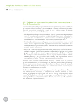 110
Programa curricular de Educación Inicial
6.3.1 Enfoque que sustenta el desarrollo de las competencias en el
Área de Comunicación
El marco teórico y metodológico que orienta la enseñanza y aprendizaje para el desarrollo de
las competencias relacionadas con el área corresponde al enfoque comunicativo. El enfoque
desarrolla competencias comunicativas a partir de usos y prácticas sociales del lenguaje
situados en contextos socioculturales distintos:
•	 Es comunicativo, porque su punto de partida es el uso de lenguaje para comunicarse con
otros. Al comunicarse, los estudiantes comprenden y producen textos orales y escritos
de distinto tipo textual, formato y género discursivo, con diferentes propósitos, en
variados soportes, como los impresos, audiovisuales y digitales, entre otros.
•	 Considera las prácticas sociales del lenguaje, porque la comunicación no es una actividad
aislada, sino que se produce cuando las personan interactúan entre sí al participar en la
vida social y cultural. En estas interacciones, el lenguaje se usa de diferentes modos para
construir sentidos en los textos.
•	 Enfatiza lo sociocultural, porque estos usos y prácticas del lenguaje se sitúan en contextos
sociales y culturales específicos. Los lenguajes orales y escritos adoptan características
propias en cada uno de esos contextos y generan identidades individuales y colectivas.
Por eso, hay que tomar en cuenta cómo se usa el lenguaje en diversas culturas según su
momento histórico y sus características socioculturales. Más aún, en un país como el
nuestro, donde se hablan 47 lenguas originarias, además del castellano.
Asimismo, el área contempla la reflexión sobre el lenguaje a partir de su uso, no solo como
un medio para aprender en los diversos campos del saber, sino también para crear o apreciar
distintas manifestaciones literarias y para desenvolverse en distintas facetas de la vida, lo
que considera el impacto de las tecnologías en la comunicación humana. De este modo, se
asegura la apropiación integral del lenguaje.
En el marco del Enfoque comunicativo, se espera que los niños aprendan a usar el lenguaje
para comunicarse con los demás. La competencia “Se comunica oralmente en lengua
materna” es la base de las competencias “Lee diversos tipos de textos escritos en lengua
materna” y “Escribe diversos tipos de textos en lengua materna”, pues introduce a los niños
en los aspectos básicos de la comunicación. No obstante, cabe señalar que cada competencia
tiene procesos de adquisición diferentes.
VI. Áreas curriculares
 