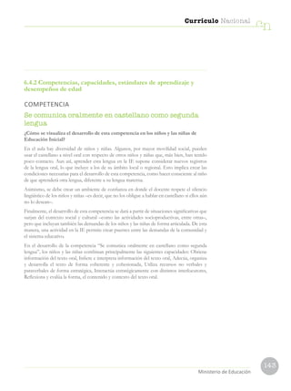 143
Currículo Nacional
cn
Ministerio de Educación
6.4.2 Competencias, capacidades, estándares de aprendizaje y
desempeños de edad
COMPETENCIA
Se comunica oralmente en castellano como segunda
lengua
¿Cómo se visualiza el desarrollo de esta competencia en los niños y las niñas de
Educación Inicial?
En el aula hay diversidad de niños y niñas. Algunos, por mayor movilidad social, pueden
usar el castellano a nivel oral con respecto de otros niños y niñas que, más bien, han tenido
poco contacto. Aun así, aprender esta lengua en la IE supone considerar nuevos registros
de la lengua oral, lo que incluye a los de su ámbito local o regional. Esto implica crear las
condiciones necesarias para el desarrollo de esta competencia, como hacer consciente al niño
de que aprenderá otra lengua, diferente a su lengua materna.
Asimismo, se debe crear un ambiente de confianza en donde el docente respete el silencio
lingüístico de los niños y niñas –es decir, que no los obligue a hablar en castellano si ellos aún
no lo desean–.
Finalmente, el desarrollo de esta competencia se dará a partir de situaciones significativas que
surjan del contexto social y cultural –como las actividades socioproductivas, entre otras–,
pero que incluyan también las demandas de los niños y las niñas de forma articulada. De esta
manera, una actividad en la IE permite crear puentes entre las demandas de la comunidad y
el sistema educativo.
En el desarrollo de la competencia “Se comunica oralmente en castellano como segunda
lengua”, los niños y las niñas combinan principalmente las siguientes capacidades: Obtiene
información del texto oral, Infiere e interpreta información del texto oral, Adecúa, organiza
y desarrolla el texto de forma coherente y cohesionada, Utiliza recursos no verbales y
paraverbales de forma estratégica, Interactúa estratégicamente con distintos interlocutores,
Reflexiona y evalúa la forma, el contenido y contexto del texto oral.
 