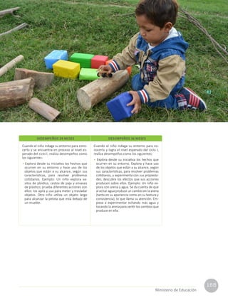 155
Currículo Nacional
cn
Ministerio de Educación
Cuando el niño indaga su entorno para cono-
cerlo y se encuentra en proceso al nivel es-
perado del ciclo I, realiza desempeños como
los siguientes:
• Explora desde su iniciativa los hechos que
ocurren en su entorno y hace uso de los
objetos que están a su alcance, según sus
características, para resolver problemas
cotidianos. Ejemplo: Un niño explora va-
sitos de plástico, cestos de paja y envases
de plástico; prueba diferentes acciones con
ellos: los apila y usa para meter y trasladar
objetos. Otro niño utiliza un objeto largo
para alcanzar la pelota que está debajo de
un mueble.
Cuando el niño indaga su entorno para co-
nocerlo y logra el nivel esperado del ciclo I,
realiza desempeños como los siguientes:
• Explora desde su iniciativa los hechos que
ocurren en su entorno. Explora y hace uso
de los objetos que están a su alcance, según
sus características, para resolver problemas
cotidianos, y experimenta con sus propieda-
des; descubre los efectos que sus acciones
producen sobre ellos. Ejemplo: Un niño ex-
plora con arena y agua. Se da cuenta de que
al echar agua produce un cambio en la arena
(tanto en su apariencia como en su textura y
consistencia), lo que llama su atención. Em-
pieza a experimentar echando más agua y
tocando la arena para sentir los cambios que
produce en ella.
DESEMPEÑOS 24 MESES DESEMPEÑOS 36 MESES
 
