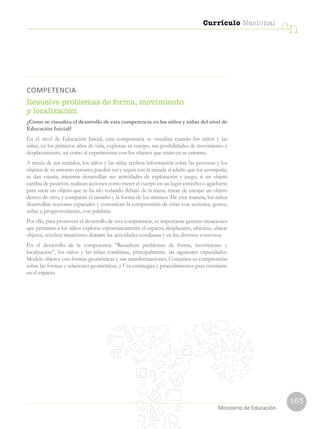 163
Currículo Nacional
cn
Ministerio de Educación
COMPETENCIA
Resuelve problemas de forma, movimiento
y localización
¿Cómo se visualiza el desarrollo de esta competencia en los niños y niñas del nivel de
Educación Inicial?
En el nivel de Educación Inicial, esta competencia se visualiza cuando los niños y las
niñas, en los primeros años de vida, exploran su cuerpo, sus posibilidades de movimiento y
desplazamiento, así como al experimentar con los objetos que están en su entorno.
A través de sus sentidos, los niños y las niñas reciben información sobre las personas y los
objetos de su entorno cercano; pueden ver y seguir con la mirada al adulto que los acompaña;
se dan cuenta, mientras desarrollan sus actividades de exploración y juego, si un objeto
cambia de posición; realizan acciones como meter el cuerpo en un lugar estrecho o agacharse
para sacar un objeto que se ha ido rodando debajo de la mesa; tratan de encajar un objeto
dentro de otro, y comparan el tamaño y la forma de los mismos. De esta manera, los niños
desarrollan nociones espaciales y comunican la comprensión de estas con acciones, gestos,
señas y, progresivamente, con palabras.
Por ello, para promover el desarrollo de esta competencia, es importante generar situaciones
que permitan a los niños explorar espontáneamente el espacio, desplazarse, ubicarse, ubicar
objetos, resolver situaciones durante las actividades cotidianas y en los diversos contextos.
En el desarrollo de la competencia “Resuelven problemas de forma, movimiento y
localización”, los niños y las niñas combinan, principalmente, las siguientes capacidades:
Modela objetos con formas geométricas y sus transformaciones, Comunica su comprensión
sobre las formas y relaciones geométricas, y Usa estrategias y procedimientos para orientarse
en el espacio.
 