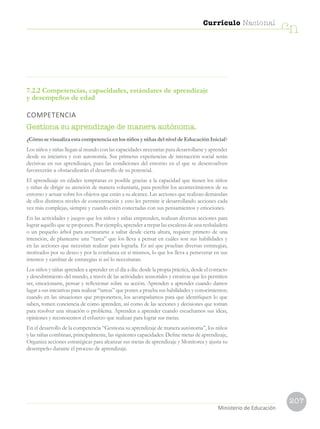 207
Currículo Nacional
cn
Ministerio de Educación
7.2.2 Competencias, capacidades, estándares de aprendizaje
y desempeños de edad
COMPETENCIA
Gestiona su aprendizaje de manera autónoma.
¿Cómo se visualiza esta competencia en los niños y niñas del nivel de Educación Inicial?
Los niños y niñas llegan al mundo con las capacidades necesarias para desarrollarse y aprender
desde su iniciativa y con autonomía. Sus primeras experiencias de interacción social serán
decisivas en sus aprendizajes, pues las condiciones del entorno en el que se desenvuelven
favorecerán u obstaculizarán el desarrollo de su potencial.
El aprendizaje en edades tempranas es posible gracias a la capacidad que tienen los niños
y niñas de dirigir su atención de manera voluntaria, para percibir los acontecimientos de su
entorno y actuar sobre los objetos que están a su alcance. Las acciones que realizan demandan
de ellos distintos niveles de concentración y esto les permite ir desarrollando acciones cada
vez más complejas, siempre y cuando estén conectadas con sus pensamientos y emociones.
En las actividades y juegos que los niños y niñas emprenden, realizan diversas acciones para
lograr aquello que se proponen. Por ejemplo, aprender a trepar las escaleras de una resbaladera
o un pequeño árbol para aventurarse a saltar desde cierta altura, requiere primero de una
intención, de plantearse una “tarea” que los lleva a pensar en cuáles son sus habilidades y
en las acciones que necesitan realizar para lograrla. Es así que prueban diversas estrategias,
motivados por su deseo y por la confianza en sí mismos, lo que los lleva a perseverar en sus
intentos y cambiar de estrategias si así lo necesitaran.
Los niños y niñas aprenden a aprender en el día a día: desde la propia práctica, desde el contacto
y descubrimiento del mundo, a través de las actividades sensoriales y creativas que les permiten
ser, emocionarse, pensar y reflexionar sobre su acción. Aprenden a aprender cuando damos
lugar a sus iniciativas para realizar “tareas” que ponen a prueba sus habilidades y conocimientos;
cuando en las situaciones que proponemos, los acompañamos para que identifiquen lo que
saben, tomen conciencia de cómo aprenden, así como de las acciones y decisiones que toman
para resolver una situación o problema. Aprenden a aprender cuando escuchamos sus ideas,
opiniones y reconocemos el esfuerzo que realizan para lograr sus metas.
En el desarrollo de la competencia “Gestiona su aprendizaje de manera autónoma”, los niños
y las niñas combinan, principalmente, las siguientes capacidades: Define metas de aprendizaje,
Organiza acciones estratégicas para alcanzar sus metas de aprendizaje y Monitorea y ajusta su
desempeño durante el proceso de aprendizaje.
 