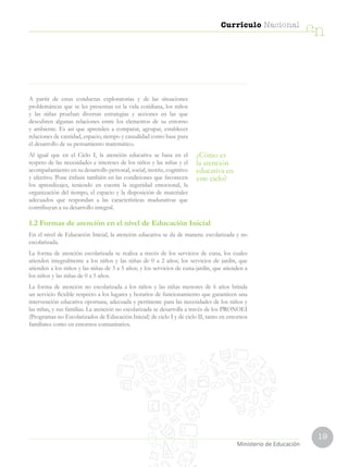 19
Currículo Nacional
cn
Ministerio de Educación
A partir de estas conductas exploratorias y de las situaciones
problemáticas que se les presentan en la vida cotidiana, los niños
y las niñas prueban diversas estrategias y acciones en las que
descubren algunas relaciones entre los elementos de su entorno
y ambiente. Es así que aprenden a comparar, agrupar, establecer
relaciones de cantidad, espacio, tiempo y causalidad como base para
el desarrollo de su pensamiento matemático.
Al igual que en el Ciclo I, la atención educativa se basa en el
respeto de las necesidades e intereses de los niños y las niñas y el
acompañamiento en su desarrollo personal, social, motriz, cognitivo
y afectivo. Pone énfasis también en las condiciones que favorecen
los aprendizajes, teniendo en cuenta la seguridad emocional, la
organización del tiempo, el espacio y la disposición de materiales
adecuados que respondan a las características madurativas que
contribuyan a su desarrollo integral.
¿Cómo es
la atención
educativa en
este ciclo?
1.2 Formas de atención en el nivel de Educación Inicial
En el nivel de Educación Inicial, la atención educativa se da de manera: escolarizada y no
escolarizada.
La forma de atención escolarizada se realiza a través de los servicios de cuna, los cuales
atienden integralmente a los niños y las niñas de 0 a 2 años; los servicios de jardín, que
atienden a los niños y las niñas de 3 a 5 años; y los servicios de cuna-jardín, que atienden a
los niños y las niñas de 0 a 5 años.
La forma de atención no escolarizada a los niños y las niñas menores de 6 años brinda
un servicio flexible respecto a los lugares y horarios de funcionamiento que garanticen una
intervención educativa oportuna, adecuada y pertinente para las necesidades de los niños y
las niñas, y sus familias. La atención no escolarizada se desarrolla a través de los PRONOEI
(Programas no Escolarizados de Educación Inicial) de ciclo I y de ciclo II, tanto en entornos
familiares como en entornos comunitarios.
 