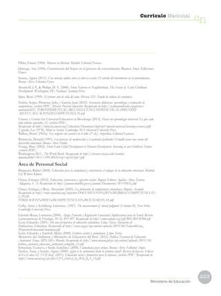 223
Currículo Nacional
cn
Ministerio de Educación
Pikler, Emmi (1984). Moverse en libertad. Madrid: Editorial Narcea.
Quiroga, Ana (1994). Constitución del Sujeto en el proceso de conocimiento. Buenos Aires: Ediciones
Cinco.
Szanto, Agnès (2011). Una mirada adulta sobre el niño en acción: El sentido del movimiento en la protoinfancia.
Buenos Aires: Ediciones Cinco.
Shonkoff, J. P.,  Philips, D. A. (2000). From Neurons to Neighborhoods. The Science of Early Childhood
Development. Washington, DC: National Academy Press.
Spitz, René (1999). El primer año de vida del niño. México, D.F.: Fondo de cultura de económica.
Tobón, Sergio, Pimienta, Julio, y García, Juan (2010). Secuencias didácticas: aprendizaje y evaluación de
competencias [archivo PDF]. México: Pearson educación. Recuperado de http://evaluaciondocente.sep.gob.mx/
materialesMS/ TOBONPIMIENTAGARCIASECUENCIASDIDACTICASAPRENDIZ
AJEYEVALUACIONDECOMPETENCIAS.pdf
Unesco y Center for Universal Education at Brookings (2013). Hacia un aprendizaje universal: Lo que cada
niño debería aprender, (1) [archivo PDF].
Recuperado de http://www.uis.unesco.org/Education/Documents/lmtf-rpt1-toward-universal-learning-exsum-es.pdf
Vygotski, Lev (1978). Mind in Society. Cambridge, MA: Harvard University Press.
Wallon, Henri (1965a). Los orígenes del carácter en el niño (2ª ed.). Argentina: Editorial Lautaro.
Winnicott, Donald (1993). Los procesos de maduración y el ambiente facilitador: Estudios para una teoría del
desarrollo emocional. Buenos Aires: Paidós.
Young, Mary (2002). From Early Child Development to Human Development. Investing in our Children’s Future
[archivo PDF].
Washington, D. C.: The World Bank. Recuperado de http://citeseerx.ist.psu.edu/viewdoc/
download?doi=10.1.1.199.2092rep=rep1type=pdf
Área de Personal Social
Bisquerra, Rafael (2008). Educación para la ciudadanía y convivencia: el enfoque de la educación emocional. Madrid:
Ed. Wloters Kluwer.
Chaux, Enrique (2012). Educación, convivencia y agresión escolar. Bogotá: Editora Aguilar, Altea, Taurus,
Alfaguara, S. A. Recuperado de http://janium.medellin.gov.co/janium/Documentos/561510EG.pdf
Chaux, Enrique, y Ruiz, Alexander (2005). La formación de competencias ciudadanas. Bogotá: Ascofade.
Recuperado de http://redes-cepalcala.org/inspector/DOCUMENTOS%20Y%20LIBROS/COMPETENCIAS/
LA%20
FORMACION%20DE%20COMPETENCIAS%20CIUDADANAS.pdf
Colby, Anne, y Kohlberg, Lawrence. (1987). The measurement of moral judgment (Volumen II). New York:
Cambridge University Press.
Garrido-Rojas, Lusmenia (2006). Apego, Emoción y Regulación Emocional. Implicaciones para la Salud. Revista
Latinoamericana de Psicología, 38 (3), 493-507. Recuperado de http://www.redalyc.org/pdf/805/80538304.pdf
León, Eduardo. (2001). Por una perspectiva de educación ciudadana. Lima: Tarea-Asociación de
Publicaciones Educativas. Recuperado de http://tarea.org.pe/wp-content/uploads/2015/04/EduardoLeon_
PerspectivaEducacionCiudadana.pdf
León, Eduardo, y Staeheli, María (2000). Cultura escolar y ciudadanía. Lima: Tarea.
Ministerio del Ambiente y Ministerio de Educación del Perú. (2012). Política Nacional de Educación
Ambiental. Lima: MINAM y Minedu. Recuperado de http://www.minam.gob.pe/wp-content/uploads/2013/10/
politica_nacional_educacion_ambiental_amigable_11.pdf
Schujman, Gustavo, y Siede, Isabelino. (2008). Ciudadanía para armar. Buenos Aires: Editorial Aique.
Tardos, Anna, y Szanto, Agnès (2000). ¿Qué es la autonomía desde la primera edad?. Revista In-fan-cia: Educar
de 0 a 6 años, 62, 5-11Unicef. (2013). Educación social y financiera para la infancia [archivo PDF]. Recuperado de
https://www.unicef.org/cfs/files/CFS_FinEd_Sp_Web_8_5_13.pdf
 