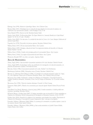 227
Currículo Nacional
cn
Ministerio de Educación
Quiroga, Ana (1994). Matrices de Aprendizaje. Buenos Aires: Ediciones Cinco.
Román, Maite (2011). Metodologías para la evaluación del apego infantil: de la observación de conductas a la
exploración de las representaciones mentales. Acción Psicológica, 8 (2), 27-38.
Stern, Daniel (1999). Diario de un bebé. Barcelona-España: Paidós
Tardos, Anna (2010). The Researching Infant. The Signal. Boletín de la Asociación Mundial de la Salud Mental
Infantil. Vol. 18, No. 3-4 July – December.
Tardos, Anna (2003). Una vida activa. La actividad del niño desde los 2 meses a los 3 años. Budapest: Publicación del
Instituto Emmi Pikler.
Vygotski, Lev (1978). Desarrollo de los procesos superiores. Barcelona: Editorial Crítica.
Wallon, Henry (1947). Del acto al pensamiento. Buenos Aires: Lautaro.
Wallon, Henry (1987). Psicología y educación del niño. Una comprensión dialéctica del desarrollo y la Educación
Infantil. Madrid: Visor-Mec.
Wallon, Henry (1965b). Estudios sobre psicología genética de la personalidad. Buenos Aires: Lautaro.
Wallon, Henry (1965c). Los orígenes del pensamiento del niño. Buenos Aires: Lautaro.
Winnicott, Donald (1987). Los bebés y sus madres. Argentina: Paidós.
Área de Matemática
Alsina, Ángel (2006). Como desarrollar el pensamiento matemático de 0-6 años. Barcelona: Editorial Octaedro.
Alsina, Ángel (2009). El aprendizaje realista: una contribución de la investigación en la educación matemática a la
formación del profesorado. Cataluña: Universidad de Girona.
Baroody, Arthur (1988). El pensamiento matemático de los niños. Madrid: Visor Distribuciones.
Berdonneau, Catherine (2008). Matemáticas activas (2-6años). Barcelona: Editorial Graó.
Bressan, A.; Zolkower, B.  Gallego, F. (2004). Los principios de la educación matemática realista. En Alagia,
H. y otros. Reflexiones Teóricas para la Educación Matemática. Buenos Aires: Editorial Libros del Zorzal.
Brousseau, Guy (1986). Fundamentos y métodos de la Didáctica de la Matemática. Universidad Nacional de
Córdoba, Facultad de Matemática Astronomía y Física, Serie B, Trabajos de Matemática, No. 19 (versión castellana
1993).
Brousseau, Guy (1998). Théorie des situations didactiques. Grenoble: La Pensée Sauvage.
Chamorro, María (2007). Didáctica de las matemáticas para educación infantil. Madrid: Editorial Pearson Prentice
Hall.
Chevallard, Yves, Bosch, Marianna, y Gascón, Josep (2005). Estudiar matemáticas: el eslabón perdido entre
enseñanza y aprendizaje. Barcelona: Horsori.
D’Amore, Bruno, y Godino, Juan (2007). El enfoque ontosemiótico como un desarrollo de la Teoría antropológica en
Didáctica de la Matemática. Revista Latinoamericana de Investigación en Matemática Educativa, 10 (2), 191-218.
Godino, Juan (2010). Perspectiva de la didáctica de las matemáticas como disciplina tecno científica. Departamento de
Didáctica de la Matemática. Universidad de Granada. Recuperado de http://www.ugr.es/local/jgodino
Gonzáles, Adriana, y Weinstein, Edith (2006a). La enseñanza de la matemática en el jardín de infantes a través de
las secuencias. Rosario: Homo Sapiens Ediciones.
Gonzáles, Adriana, y Weinstein, Edith (2006b). ¿Cómo enseñar matemática en el jardín? Número-Medida-
Espacio. Buenos Aires: Colihue.
 