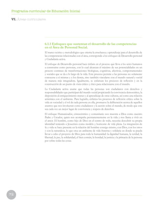 72
Programa curricular de Educación Inicial
6.1.1 Enfoques que sustentan el desarrollo de las competencias
en el Área de Personal Social.
El marco teórico y metodológico que orienta la enseñanza y aprendizaje para el desarrollo de
las competencias relacionadas con el área, corresponde a los enfoques de Desarrollo personal
y Ciudadanía activa.
El enfoque de Desarrollo personal hace énfasis en el proceso que lleva a los seres humanos
a construirse como personas, con lo cual alcanzan el máximo de sus potencialidades en un
proceso continuo de transformaciones biológicas, cognitivas, afectivas, comportamentales
y sociales que se da a lo largo de la vida. Este proceso permite a las personas no solamente
conocerse a sí mismas y a los demás, sino también vincularse con el mundo natural y social
de manera más integradora. Igualmente, se enfatizan los procesos de reflexión y en la
construcción de un punto de vista crítico y ético para relacionarse con el mundo.
La Ciudadanía activa asume que todas las personas son ciudadanos con derechos y
responsabilidades que participan del mundo social propiciando la convivencia democrática, la
disposición al enriquecimiento mutuo y al aprendizaje de otras culturas, así como una relación
armónica con el ambiente. Para lograrlo, enfatiza los procesos de reflexión crítica sobre la
vida en sociedad y el rol de cada persona en ella, promueve la deliberación acerca de aquellos
asuntos que nos involucran como ciudadanos y la acción sobre el mundo, de modo que este
sea cada vez un mejor lugar de convivencia y respeto de derechos.
El enfoque Humanizador, cristocéntrico y comunitario nos muestra a Dios como nuestro
Padre y Creador, quien nos acompaña permanentemente en la vida y nos llama a vivir en
el amor. El hombre, como hijo de Dios en el centro de todo, necesita descubrir su propia
identidad teniendo a Jesucristo como modelo y horizonte de vida plena. La integración de
fe y vida se hace presente en la relación del hombre consigo mismo, con Dios, con los otros
y con la naturaleza, lo que crea un ambiente de vida fraterna y solidaria en donde se pueda
llevar a cabo el proyecto de Dios para toda la humanidad: la dignidad humana, la verdad, la
libertad, la paz, la solidaridad, el bien común, la bondad, la justicia y la primacía de la persona
por sobre todas las cosas.
VI. Áreas curriculares
 