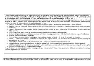1- PRINCIPAIS ATRIBUIÇÕES DA FUNÇÃO (Caso exercer mais de uma função, você deverá registrar as atribuições das funções separadamente)
Considerar as atribuições específicas da função no Programa Ensino Integral – artigo 7º da Lei Complementar nº 1.164, de 4 de janeiro
de 2012 alterada pela Lei Complementar n° 1.191, de 28 de dezembro de 2012 e resolução SE 22/2012, art. 3º.
Formar indivíduos autônomos, solidários e competentes para o exercício da cidadania; apoiar e fomentar o protagonismo juvenil; ser tutor de
um grupo de alunos, ajudando-as nos âmbitos acadêmicos e pessoais (este, se necessário); dedicar-se plena e integralmente a esta unidade
escolar e participar de todas as demais atividades da escola, ou seja:
● Elaborar, anualmente, o seu programa de ação com os objetivos, metas e resultados de aprendizagem a serem atingidos;
● Organizar, planejar e executar sua tarefa institucional de forma colaborativa e cooperativa visando ao cumprimento do plano de ação
das Escolas;
● Planejar, desenvolver e atuar na parte diversificada do currículo, no que se refere a disciplinas eletivas, estudo dirigido e apoio aos
clubes juvenis;
● Incentivar e apoiar as atividades de protagonismo e empreendedorismo juvenis, na forma da lei;
● Realizar, obrigatoriamente, a totalidade das horas de trabalho pedagógico coletivo e individual nos recintos das respectivas Escolas;
● Atuar em atividades de tutoria aos alunos;
● Participar das orientações técnico-pedagógicas relativas à sua atuação na Escola e de cursos de formação continuada;
● Auxiliar, a critério do Diretor e conforme as diretrizes dos órgãos centrais, nas atividades de orientação técnico -pedagógicas
desenvolvidas nas Escolas;
● Elaborar Plano semestral e Guias de Aprendizagem, sob a orientação do Professor Coordenador Geral;
● Produzir material didático-pedagógico em sua área de atuação, em conformidade com o modelo pedagógico próprio da Escola;
● Substituir, na própria área de conhecimento, sempre que necessário, os professores da Escola em suas ausências e impedimentos legais;
● Promover o nivelamento de Língua Portuguesa e Mate;
Parágrafo único - As atividades de trabalho pedagógico de que trata o inciso V deste artigo, poderão ser utilizadas para ações formativas,
conforme regulamentação específica.
2- COMPETÊNCIAS NECESSÁRIAS PARA DESEMPENHAR AS ATRIBUIÇÕES (Caso exercer mais de uma função, você deverá registrar as
 