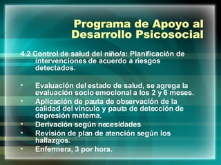 Programa de Apoyo al Desarrollo Psicosocial 4.2 Control de salud del niño/a: Planificación de intervenciones de acuerdo a riesgos detectados. Evaluación del estado de salud, se agrega la evaluación socio emocional a los 2 y 6 meses. Aplicación de pauta de observación de la calidad del vinculo y pauta de detección de depresión materna. Derivación según necesidades Revisión de plan de atención según los hallazgos. Enfermera, 3 por hora. 