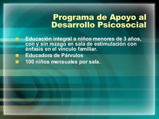 Programa de Apoyo al Desarrollo Psicosocial Educación integral a niños menores de 3 años, con y sin rezago en sala de estimulación con énfasis en el vinculo familiar. Educadora de Párvulos 100 niños mensuales por sala. 