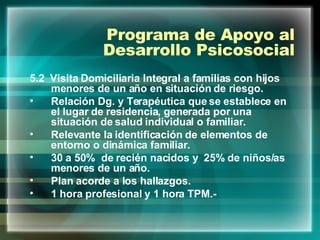 Programa de Apoyo al Desarrollo Psicosocial 5.2  Visita Domiciliaria Integral a familias con hijos menores de un año en situación de riesgo. Relación Dg. y Terapéutica que se establece en el lugar de residencia, generada por una situación de salud individual o familiar.  Relevante la identificación de elementos de entorno o dinámica familiar. 30 a 50%  de recién nacidos y  25% de niños/as menores de un año. Plan acorde a los hallazgos. 1 hora profesional y 1 hora TPM.- 