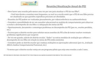 Reunião/Atualização Anual do PEI
- Deve haver uma reunião pelo menos uma vez por ano para atualizar o PEI do seu filho*.
- Você tem direito a reuniões mais frequentes, se você ou a escola sentir que o PEI do seu filho precisa
ser atualizado ou que questões específicas precisam ser abordadas.
- Reuniões do PEI podem ser realizadas pessoalmente, por videoconferência ou audioconferência
- Considere a possibilidade de ter um consultor educacional ou analista de comportamento para observar
e avaliar o desempenho do seu filho e a adequação das metas do PEI
- Oportunamente, documente e comunique problemas no desempenho do PEI (por ex., sessões perdidas,
etc.)
- Escreva para o distrito escolar para solicitar novas reuniões do PEI a fim de tentar resolver eventuais
problemas significativos que surgirem
- De vez em quando, solicite do distrito escolar, "dados" ou outras medidas de avaliação que reflitam o
desempenho do seu filho em relação às metas do PEI então existentes
- Considere pedir ao distrito escolar que conduza avaliações ou apreciações adicionais (por ex., avaliação
ABLLS, Análise Comportamental Funcional, etc.)
*A menos que o distrito escolar esteja em um programa piloto que exija uma reunião a cada 3 anos.
©2011 Autism Speaks Inc. Autism Speaks e Autism Speaks It’s Time To Listen & Design são marcas registradas de propriedade de Autism Speaks Inc. Todos os direitos reservados.

 