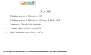 Sites Úteis
•

IDEA Departamento de Educação dos EUA

•

IDEA Departamento de Educação dos EUA (parte B - idades 3-21)

•

Programas de Educação Individualizados

•

Perguntas e Respostas Referentes a PEIs

•

Kit de Ferramentas Autism Speaks 100 Dias

©2011 Autism Speaks Inc. Autism Speaks e Autism Speaks It’s Time To Listen & Design são marcas registradas de propriedade de Autism Speaks Inc. Todos os direitos reservados.

 