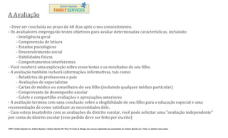 A Avaliação
- Deve ser concluída no prazo de 60 dias após o seu consentimento.
- Os avaliadores empregarão testes objetivos para avaliar determinadas características, incluindo:
- Inteligência geral
- Compreensão de leitura
- Estados psicológicos
- Desenvolvimento social
- Habilidades físicas
- Comportamentos interferentes
- Você receberá uma explicação sobre esses testes e os resultados do seu filho.
- A avaliação também incluirá informações informativas, tais como:
- Relatórios de professores e pais
- Avaliações de especialistas
- Cartas do médico ou conselheiro do seu filho (incluindo qualquer médico particular)
- Comprovante de desempenho escolar
- Colete e compartilhe avaliações e apreciações anteriores
- A avaliação termina com uma conclusão sobre a elegibilidade do seu filho para a educação especial e uma
recomendação de como satisfazer as necessidades dele.
- Caso esteja insatisfeito com as avaliações do distrito escolar, você pode solicitar uma "avaliação independente"
por conta do distrito escolar (esse pedido deve ser feito por escrito)
©2011 Autism Speaks Inc. Autism Speaks e Autism Speaks It’s Time To Listen & Design são marcas registradas de propriedade de Autism Speaks Inc. Todos os direitos reservados.

 