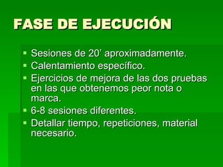 FASE DE EJECUCIÓN Sesiones de 20’ aproximadamente. Calentamiento específico. Ejercicios de mejora de las dos pruebas en las que obtenemos peor nota o marca. 6-8 sesiones diferentes. Detallar tiempo, repeticiones, material necesario. 