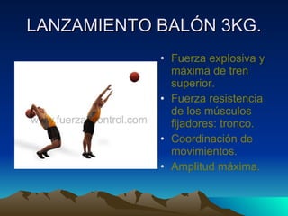 LANZAMIENTO BALÓN 3KG. Fuerza explosiva y máxima de tren superior. Fuerza resistencia de los músculos fijadores: tronco. Coordinación de movimientos. Amplitud máxima. 