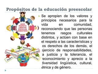 Propósitos de la educación preescolar
 Se apropien de los valores y
principios necesarios para la
vida en comunidad,
reconociendo que las personas
tenemos rasgos culturales
distintos, y actúen con base en
el respeto a las características y
los derechos de los demás, el
ejercicio de responsabilidades,
la justicia y la tolerancia, el
reconocimiento y aprecio a la
diversidad lingüística, cultural,
étnica y de género.
 