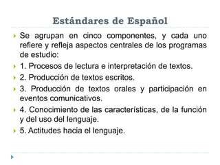 Estándares de Español
 Se agrupan en cinco componentes, y cada uno
refiere y refleja aspectos centrales de los programas
de estudio:
 1. Procesos de lectura e interpretación de textos.
 2. Producción de textos escritos.
 3. Producción de textos orales y participación en
eventos comunicativos.
 4. Conocimiento de las características, de la función
y del uso del lenguaje.
 5. Actitudes hacia el lenguaje.
 