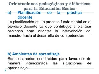 Orientaciones pedagógicas y didácticas
para la Educación Básica
a) Planificación de la práctica
docente
La planificación es un proceso fundamental en el
ejercicio docente ya que contribuye a plantear
acciones para orientar la intervención del
maestro hacia el desarrollo de competencias
b) Ambientes de aprendizaje
Son escenarios construidos para favorecer de
manera intencionada las situaciones de
aprendizaje
 