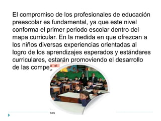El compromiso de los profesionales de educación
preescolar es fundamental, ya que este nivel
conforma el primer periodo escolar dentro del
mapa curricular. En la medida en que ofrezcan a
los niños diversas experiencias orientadas al
logro de los aprendizajes esperados y estándares
curriculares, estarán promoviendo el desarrollo
de las competencias para la vida.
 
