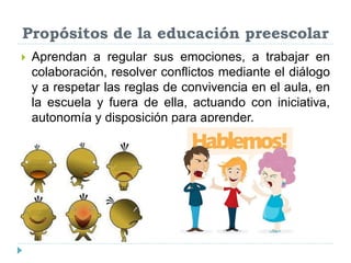 Propósitos de la educación preescolar
 Aprendan a regular sus emociones, a trabajar en
colaboración, resolver conflictos mediante el diálogo
y a respetar las reglas de convivencia en el aula, en
la escuela y fuera de ella, actuando con iniciativa,
autonomía y disposición para aprender.
 