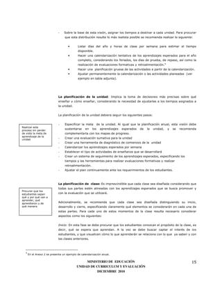 -   Sobre la base de esta visión, asignar los tiempos a destinar a cada unidad. Para procurar
                                  que esta distribución resulte lo más realista posible se recomienda realizar lo siguiente:


                                    •      Listar días del año y horas de clase por semana para estimar el tiempo
                                           disponible.
                                    •      Hacer una calendarización tentativa de los aprendizajes esperados para el año
                                           completo, considerando los feriados, los días de prueba, de repaso, así como la
                                           realización de evaluaciones formativas y retroalimentación.4
                                    •      Hacer una planificación gruesa de las actividades a partir de la calendarización.
                                    •      Ajustar permanentemente la calendarización o las actividades planeadas (ver
                                           ejemplo en tabla adjunta).




                             La planificación de la unidad: Implica la toma de decisiones más precisas sobre qué
                             enseñar y cómo enseñar, considerando la necesidad de ajustarlas a los tiempos asignados a
                             la unidad.


                             La planificación de la unidad debiera seguir los siguientes pasos:


                             -    Especificar la meta    de la unidad. Al igual que la planificación anual, esta visión debe
Realizar este
proceso sin perder
                                  sustentarse    en    los   aprendizajes   esperados   de   la   unidad,   y   se   recomienda
de vista la meta de               complementarla con los mapas de progreso.
aprendizaje de la
unidad
                             -    Crear una evaluación sumativa para la unidad
                             -    Crear una herramienta de diagnóstico de comienzos de la unidad
                             -    Calendarizar los aprendizajes esperados por semana
                             -    Establecer el tipo de actividades de enseñanza que se desarrollará
                             -    Crear un sistema de seguimiento de los aprendizajes esperados, especificando los
                                  tiempos y las herramientas para realizar evaluaciones formativas y realizar
                                  retroalimentación.
                             -    Ajustar el plan continuamente ante los requerimientos de los estudiantes.



                             La planificación de clase: Es imprescindible que cada clase sea diseñada considerando que
                             todas sus partes estén alineadas con los aprendizajes esperados que se busca promover y
Procurar que los
estudiantes sepan            con la evaluación que se utilizará.
qué y por qué van a
aprender, qué
aprendieron y de             Adicionalmente, se recomienda que cada clase sea diseñada distinguiendo su inicio,
qué manera                   desarrollo y cierre, especificando claramente qué elementos se considerarán en cada una de
                             estas partes. Para cada uno de estos momentos de la clase resulta necesario considerar
                             aspectos como los siguientes:


                             Inicio: En esta fase se debe procurar que los estudiantes conozcan el propósito de la clase, es
                             decir, qué se espera que aprendan. A la vez se debe buscar captar el interés de los
                             estudiantes, y que visualicen cómo lo que aprenderán se relaciona con lo que ya saben y con
                             las clases anteriores.



  4
      En el Anexo 2 se presenta un ejemplo de calendarización anual.

                                                MINISTERIO DE EDUCACIÓN                                                     15
                                           UNIDAD DE CURRICULUM Y EVALUACIÓN
                                                      DICIEMBRE 2010
 